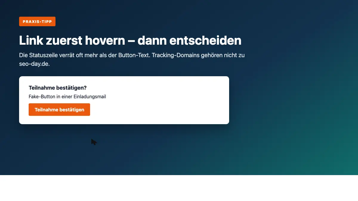 Illustration: pointer over a button, status bar shows a tracking domain instead of the official conference URL