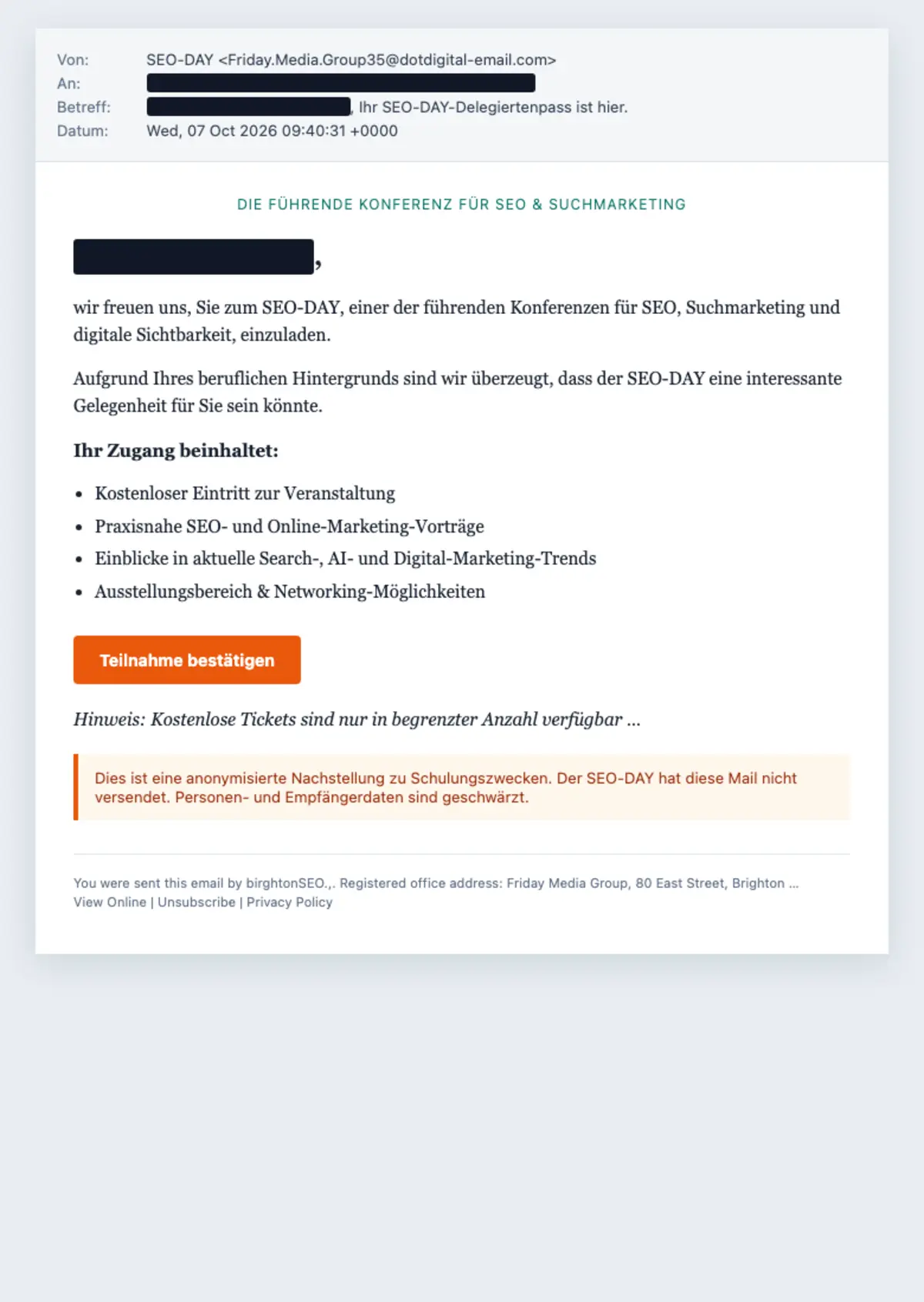 Anonymized depiction of a fake email with an SEO-DAY delegate-pass subject line; personal and recipient data redacted