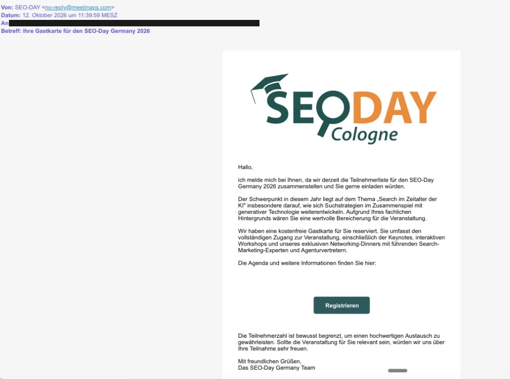 Redacted forward of a fake email: sender no-reply@meetmaps.com, guest-ticket subject, SEO-DAY Cologne logo, and a Register button