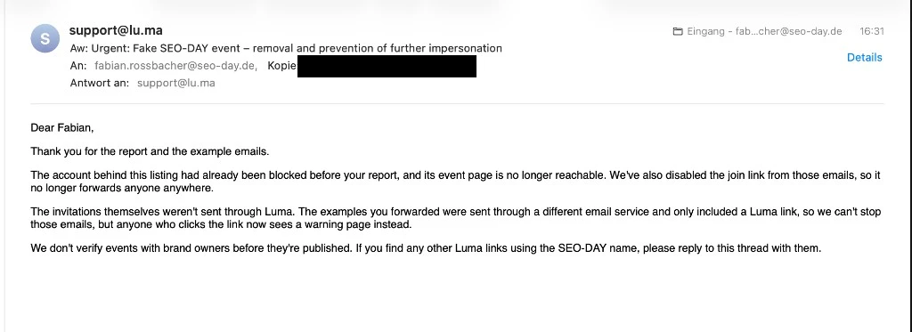 Reply from Luma on 12 October 2026: the account is blocked and the join link is disabled. The CC address is redacted.