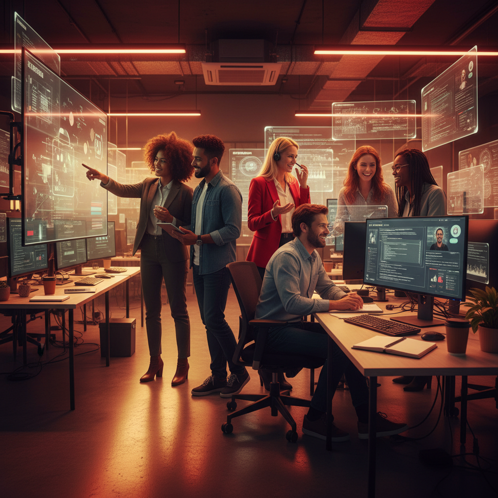 Equipo europeo con varias mujeres trabajando de forma práctica con la IA