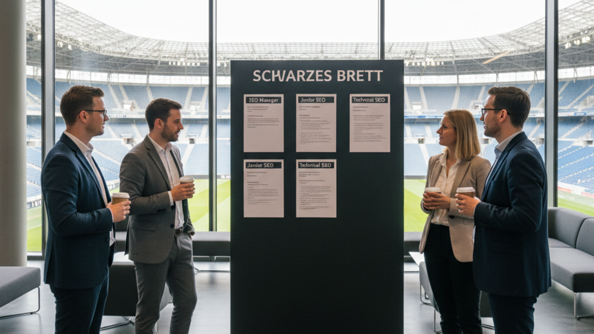 Bulletin board with readable job cards and fully visible networking guests in front of panoramic windows into RheinEnergieSTADION