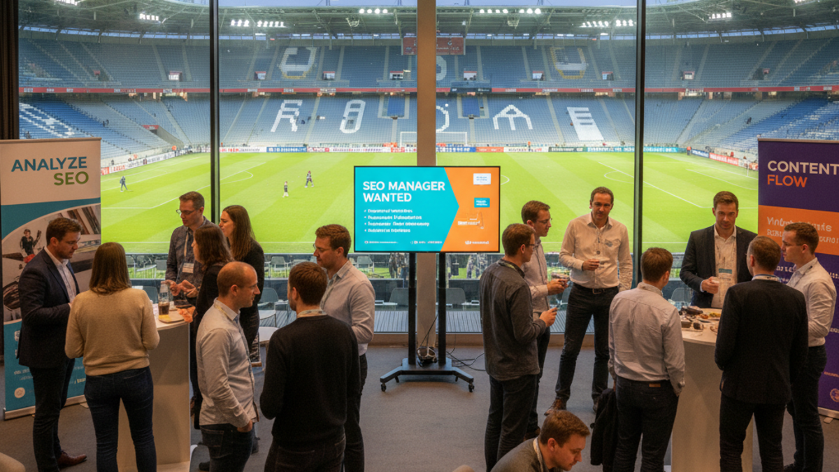 Busy SEO-Day break: crowded networking, exhibitor stands, one large monitor with SEO Manager job ad, panoramic window into RheinEnergieSTADION