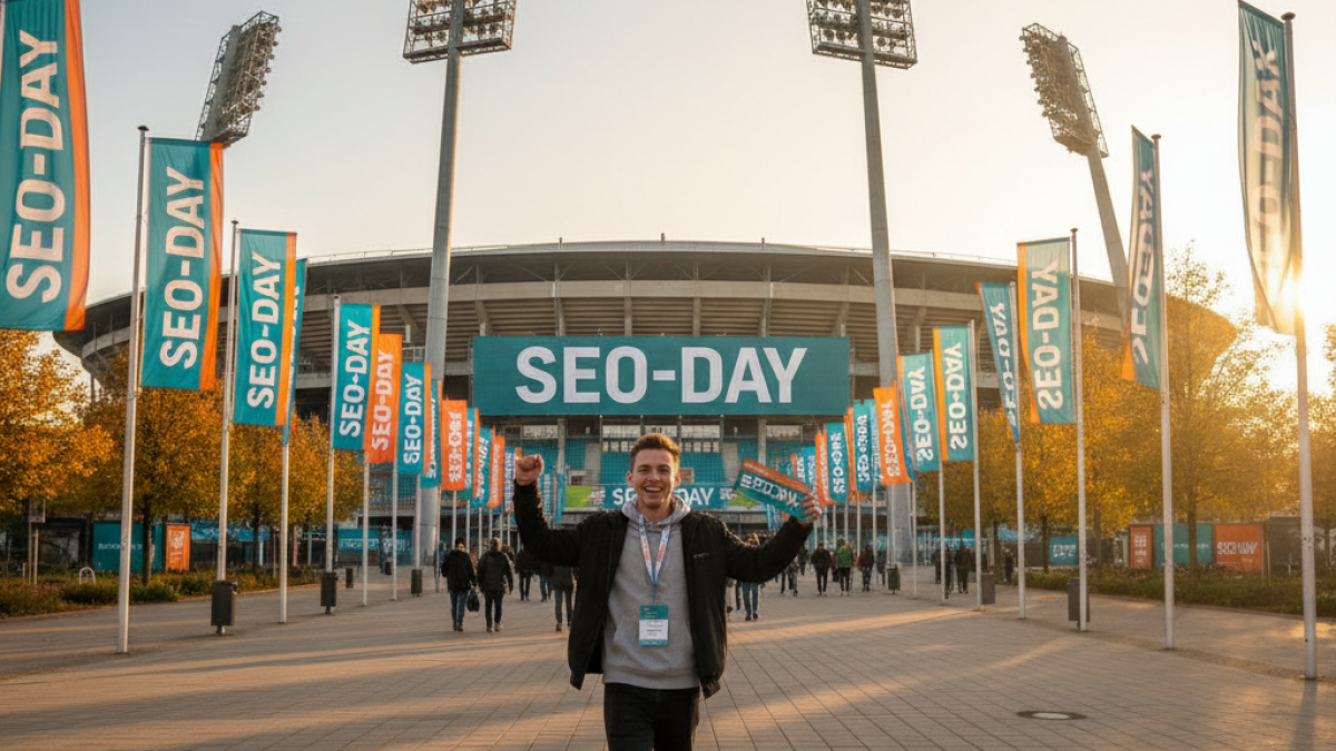 Celebrating student with SEO-Day ticket at RheinEnergieSTADION – SEO-DAY banner and flags in teal and orange