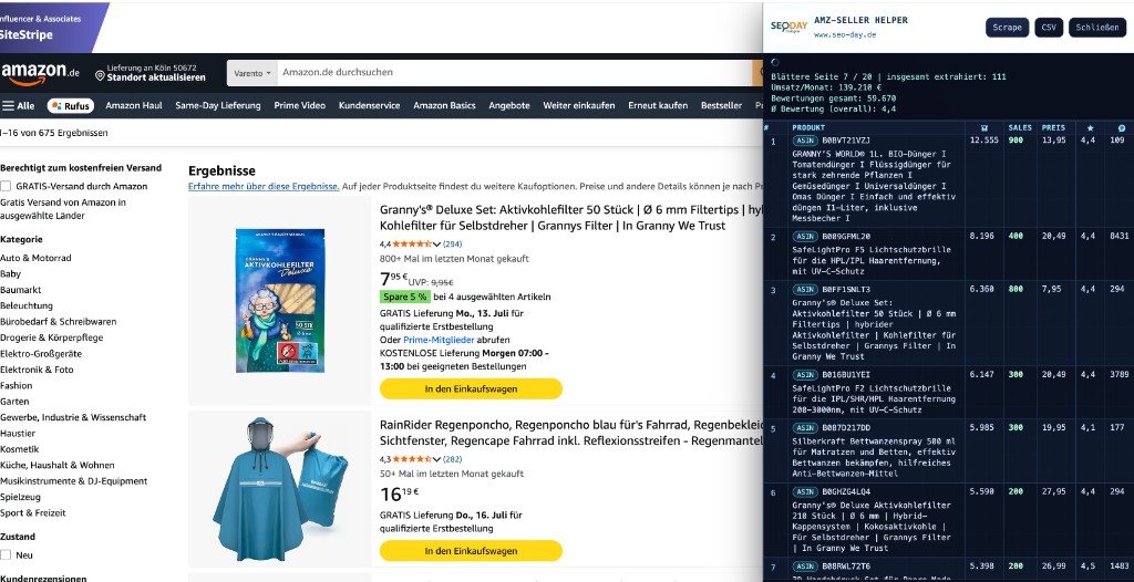 AMZ-Seller-Helper extrahiert Produktdaten: Fortschritt, Umsatz und Produkttabelle