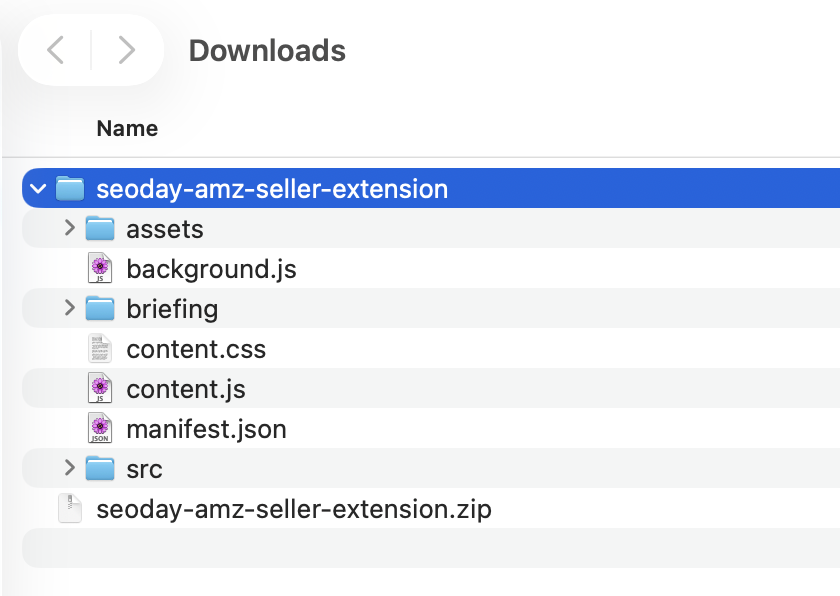 Finder-Ansicht: seoday-amz-seller-extension.zip entpackt, Ordner mit manifest.json und Extension-Dateien