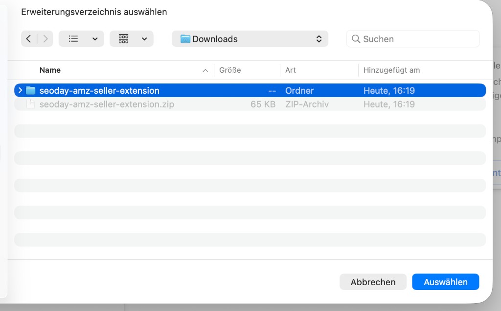 Ordnerauswahl: seoday-amz-seller-extension-Ordner im Downloads-Verzeichnis markieren und mit Auswählen bestätigen
