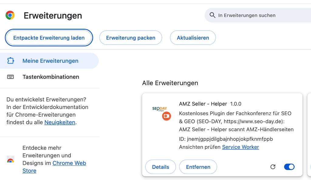 Chrome-Erweiterungsseite: AMZ Seller - Helper als installierte Extension mit aktiviertem Schalter