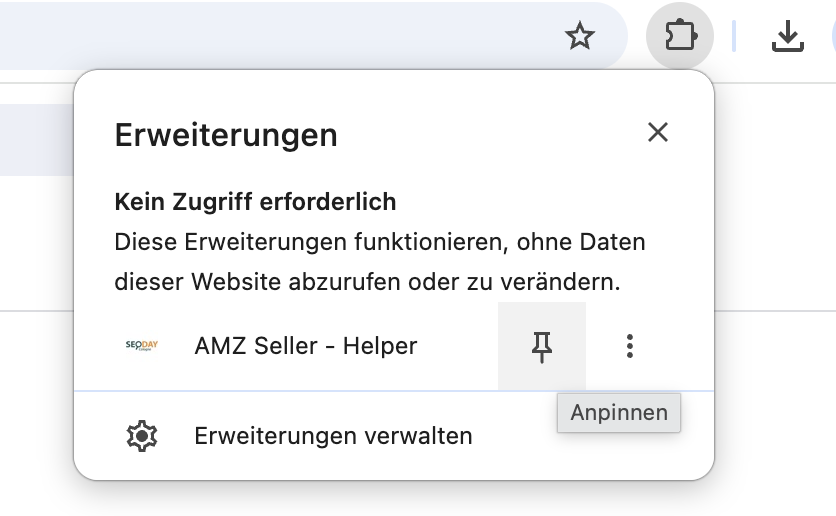 Chrome-Erweiterungsmenü: Puzzleteil geöffnet, Stecknadel bei AMZ Seller - Helper mit Tooltip „Anpinnen“