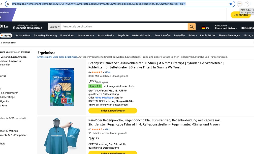 Amazon-Shop-Seite mit geöffnetem Extension-Popup: AMZ Seller - Helper und Button „Link abrufen“