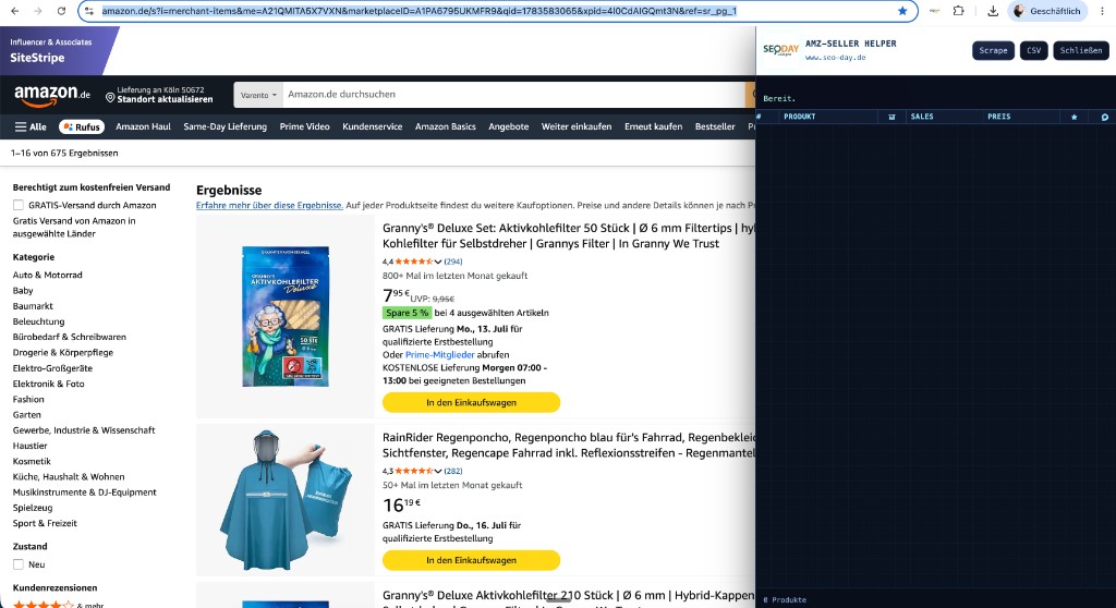 AMZ-Seller-Helper-Panel bereit mit Scrape-, CSV- und Schließen-Button